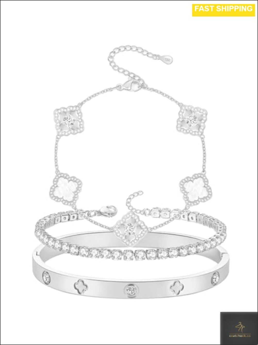 18K White Gold Plated 4 Leaf Stacked Bracelet Set Cubic Zirconia Mother of Pearl